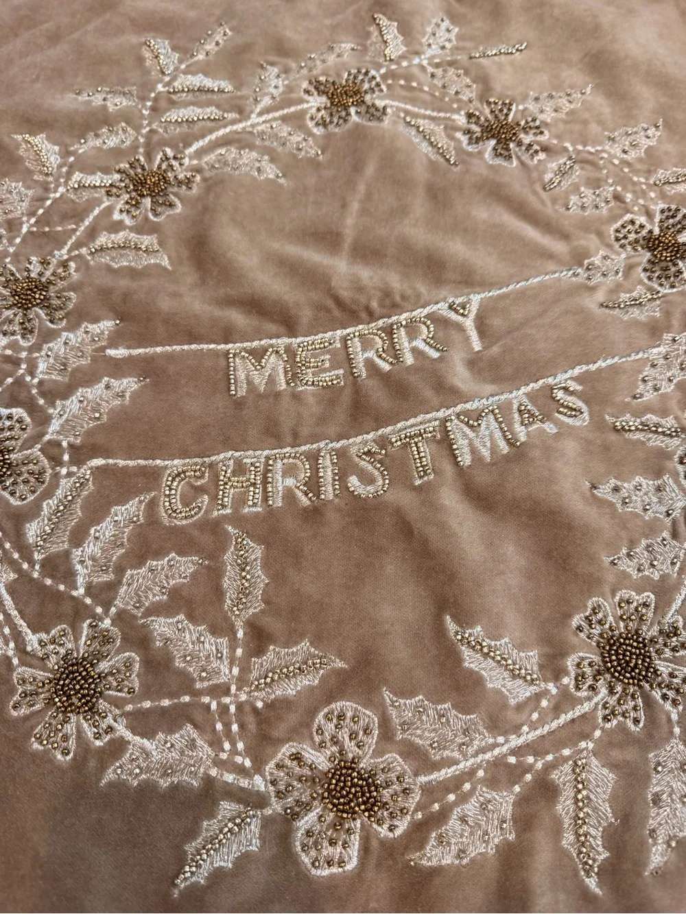 NWT Pottery Barn Beige Embroidered Holiday Throw Pillow Cover